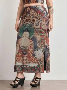 ROMWE Avant Vintage-Style Chinese Buddhist Statue Print Side Slit Mesh Plus Size Women Skirt - Multicolor - View 6