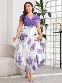 Reflora 大码女士优雅印花连衣裙，夏季婚礼宾客礼服 - 彩色 - 查看 8