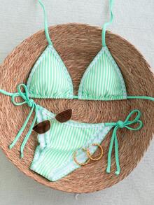 Swim Mod Bộ bikini nữ kẻ sọc xanh dễ thương, buộc dây, đồ bơi đi biển tươi mát cho kỳ nghỉ hè. - Màu xanh bạc hà - Xem 1