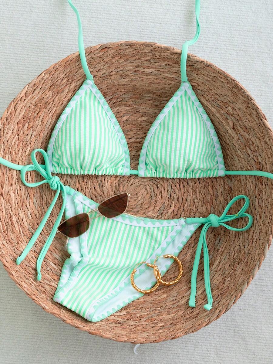Swim Mod Bộ bikini nữ kẻ sọc xanh dễ thương, buộc dây, đồ bơi đi biển tươi mát cho kỳ nghỉ hè. - Màu xanh bạc hà - Xem 1