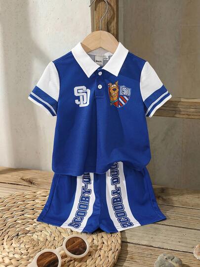SCOOBY-DOO X SHEIN 2 chiếc áo polo ngắn tay chữ & sọc và quần short cho bé trai, bộ đồ thường ngày, DOO