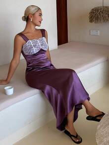 Livesso Women's Contrast Lace Thick Strap Elegant Mermaid Nightgown - Purple - View 3