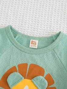 Cozy Pixies Set 2pcs Baju Bayi Laki-laki Motif Kartun Singa Rajut Lembut Leher Bulat Lengan Pendek dan Celana Pendek Pinggang Elastis - Mint Green - View 4