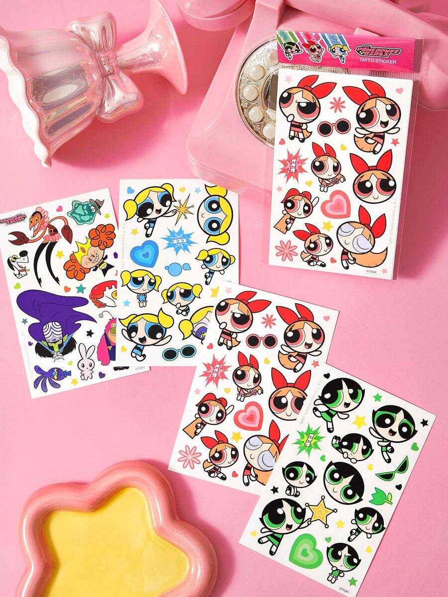 THE POWERPUFF GIRLS X SHEIN 卡通超级英雄女孩临时纹身贴纸套装,4张可爱角色假纹身贴纸,防水可移除纹身贴纸包,适合派对礼品 - 彩色 - 查看 1