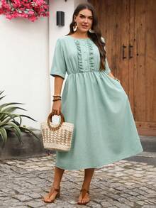 EMERY ROSE Plus Size Women's Round Neck Pleated Casual Party Dress - Fresh Green - View 1