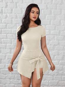 SHEIN Unity 女士圆领短袖侧打结休闲牛仔连衣裙 - 白色 - 查看 4