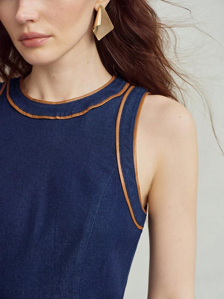 CONTRAST TRIM SLEEVELESS DENIM DRESS