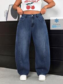 SHEIN ICON Plus Size Casual Everyday Washed Slant Pocket Loose Fit Jeans - Blue - View 1