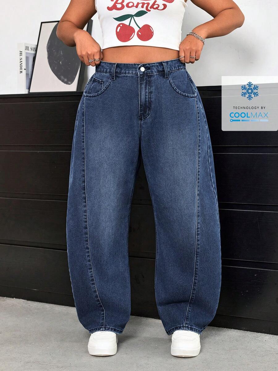 SHEIN ICON Plus Size Casual Everyday Washed Slant Pocket Loose Fit Jeans - Blue - View 1