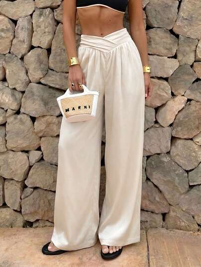 Firerie Women's Casual Elegant Loose Wide-Leg Pants, Apricot Asymmetrical Waist Relaxed Trousers, Suitable For Daily, Commuting, Afternoon Tea, Beach, Cruise, City Vacation