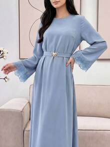 Veilorie Elegant Arabic Style Floral Patchwork Round Neck Waist Cinched Long Sleeve Dress - Blue - View 10