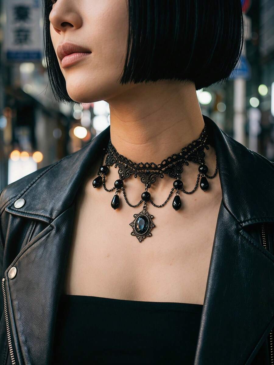 Joivida 1/2 chiếc vòng cổ tua rua hình giọt nước bằng ren – Vòng cổ choker ren cao cấp dành cho nữ của Niche Luxury - màu đen - Xem 1