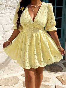 Vestido elegante de vacaciones de primavera/verano para mujer con cuello en V, mangas abullonadas, bordado, textura, botones, volantes en la cintura, talla grande - amarillo ganso - Ver 6