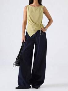 SHEIN EZwear 大尺碼女款夏季休閒度假通勤條紋印花無袖綁帶式不對稱下擺上衣 - 黃色 - 查看 6