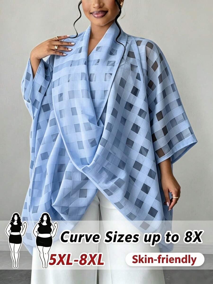SHEIN CURVE+ 加大码前扭领不对称下摆格子休闲衬衫 - 霧霾藍 - 查看 1