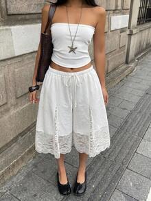 Coolane Women's Summer Concert Outfit Rave Festival Renaissance Fair Vacation Boho 100%Cotton Contrast Lace Comfortable White Crotch Pants - White - View 5