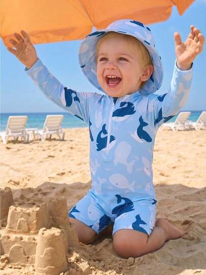 SHEIN GraphicGems Infant/Baby BoyWhale Print Long Sleeve Rash Guard Swimsuit With Sun Protection Wide Brim Hat