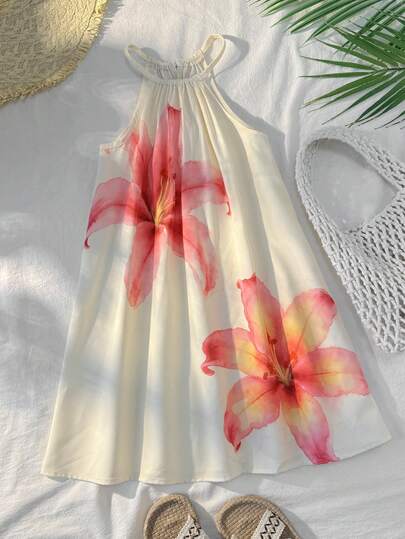 SHEIN Cream Floral Print Woven Dress, Millennium, Young Girls Casual Minimalist Pullover Halter Neck Dress, Suitable For Summer