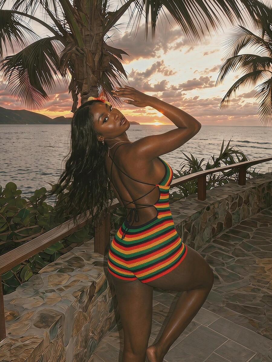Amplova Pride Month regnbågsrandig rygglös jumpsuit, sexig och avantgardistisk, lämplig för semesteroutfit, söt mini-spaghettibandslös rygglös stil - Multifärgad - Visa 1