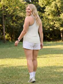 In My Nature Plus Size Women's Casual Comfortable Pastel Contrast Color Trim Sleeveless Round Neck Athletic Sports Tank Top For Hike Summer - Apricot - View 6