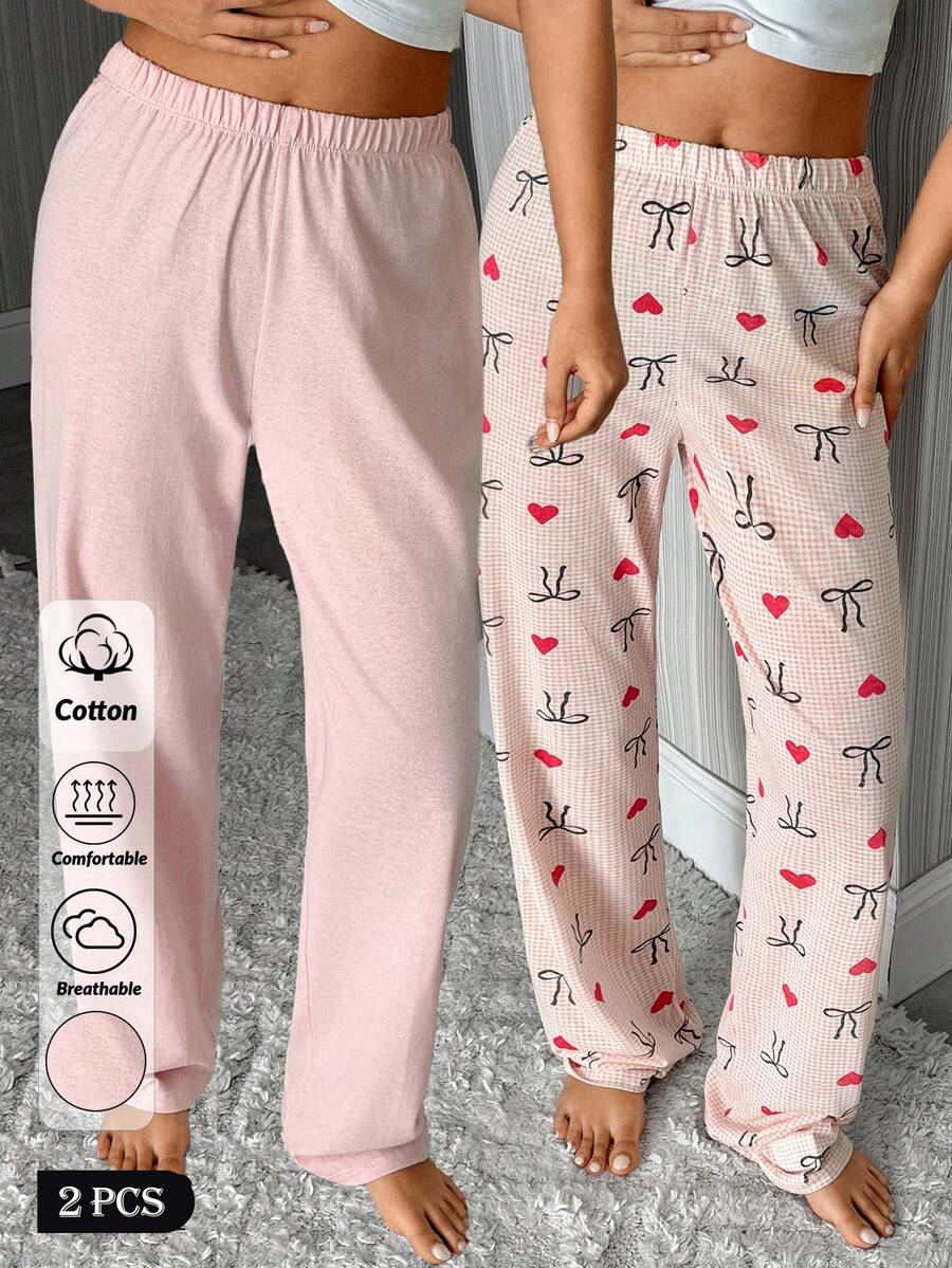 SHEIN Conjunto de 2 piezas de pantalones cómodos y casuales de algodón y lino para uso diario, con estampado de rayas y corazones de colores para mujer, de cintura alta - Multicolor - Ver 1