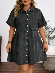 EMERY ROSE Plus Size Women's Vintage Washed Denim Snowflake Print Dress, Spring/Summer - Black - View 6
