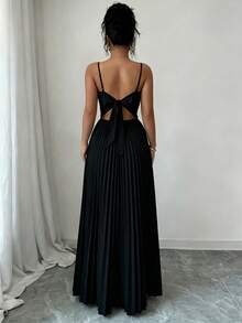 Elenzga 女士时尚派对纯色褶皱吊带连衣裙 - 黑色 - 查看 2