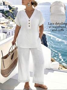 EMERY ROSE Plus Size Women Summer Elegant Commuter Loose V-Neck Textured Short Sleeve Wide Leg Pants 2 Pieces Set - White - View 8