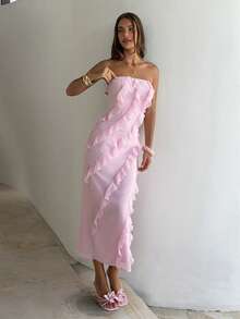 Aloruh Women's Summer Beach Day Party Date Wedding Romantic Elegant Soft Pink Voluminous Ruffled Hem Strapless Dress - Pink - View 6