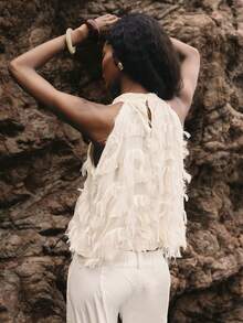 ATUI Studio Women's Off-White Textured Fringe Top – Elegant Chic Fringed Blouse, Everyday Basic For Summer Beach Vacation, Party - Khaki - View 4