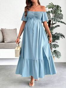 SHEIN Maternity Vacation Solid Color Off-Shoulder Shirred Design Side Slit Dress - Blue - View 3