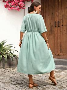 EMERY ROSE Plus Size Women's Round Neck Pleated Casual Party Dress - Fresh Green - View 2