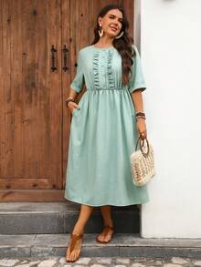 EMERY ROSE Plus Size Women's Round Neck Pleated Casual Party Dress - Fresh Green - View 6