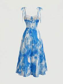 SHEIN MOD Đầm hai dây nữ mùa hè đi biển, in họa tiết tie-dye, thắt nút vai và eo. - Màu xanh lam - Xem 2