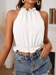 SHEIN Frenchy Damen Mode Französischer Rüschensaum Trägertop mit Neckholder - Weiss - Übersicht 5