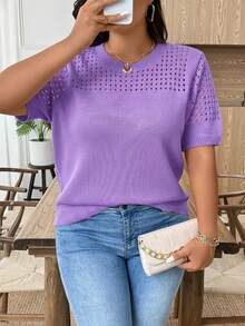 EMERY ROSE Plus Size Casual Hollow Out Round Neck Short Sleeve Top - Purple - View 4