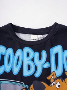 SCOOBY-DOO X SHEIN Set casual de tricou cu mânecă scurtă și pantaloni scurți pentru băieți, cu imprimeu cu litere și desen animat, de vară - Negru - Vizualizare 3