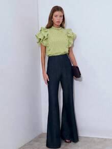 Nöista Blusa a cuadros rosa con mangas de volantes. Presenta mangas de volantes con efecto de aleteo, un cuello alto y un estampado a cuadros, creando un estilo dulce y retro. Tiene un fuerte sentido del estilo y es perfecto para usar en primavera y verano. Es un artículo versátil y práctico para vacaciones y ocasiones casuales. - Verde - Ver 5
