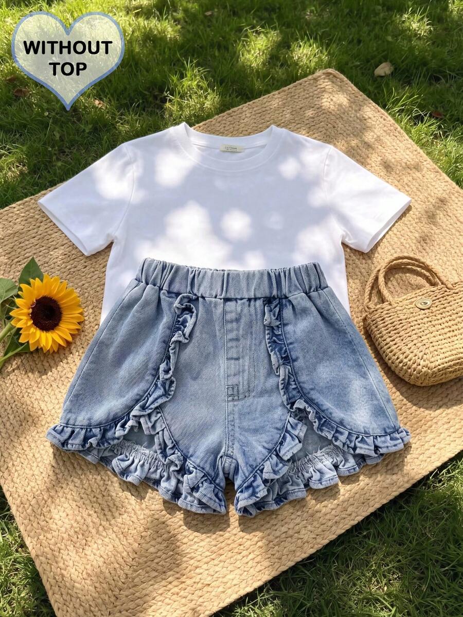 SHEIN LMoss Kids 女婴蓝色夏季休闲荷叶边松紧腰牛仔短裤 - 藍色 - 查看 1