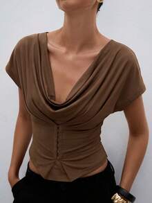 ATUI Studio Women's Fashionable Elegant Front Button Pleated Fitted Blouse Going Out Brunch Dinner Dark Brown Summer - Brown - View 4