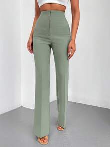 SHEIN Cottnline Solid High Waist Flare Leg Pants - Green - View 6