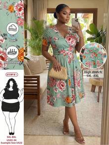 SHEIN CURVE+ Plus Size Wrap Collar Cinched Waist Printed A-Line Dress With Pockets - Multicolor - View 8