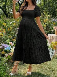 Lyckli Maternity Solid Color Square Neck Ruched Casual Minimalist Daily Wear Dress - Black - View 4