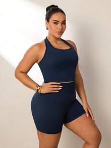 SHEIN Rhythm Era Plus Size Women Summer Minimalist Navy Seamless Halter Top And High Waist Shorts Sports Set - Navy Blue - View 5