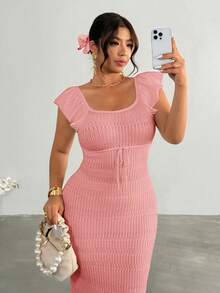 Firerie Plus Size Solid Color U-Neck Cap Sleeve Ruffle Hem Drawstring Summer Sweater Dress Fall - Pink - View 5