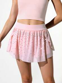 Young Girls' Pink Sparkly Athletic Skirt With Colorful Rhinestones & Mesh Layer, For Casual Wear And Outdoor Sports - Pink - View 5
