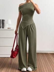 SHEIN EZwear 女士不对称下摆上衣和斜插口袋长裤休闲针织两件套，军绿色 - 軍綠色 - 查看 4