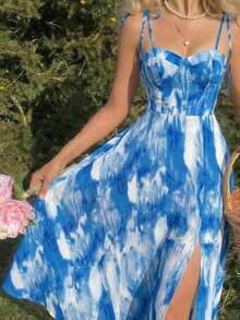 SHEIN MOD Đầm hai dây nữ mùa hè đi biển, in họa tiết tie-dye, thắt nút vai và eo. - Màu xanh lam - Xem 6
