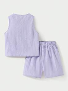 Casuvi Kids 2件套女童无袖条纹编织背心，蝴蝶结装饰，松紧腰宽松休闲短裤，夏季 - 淡紫色 - 查看 2