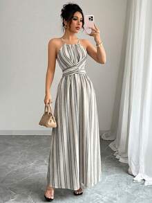 Elenzga Women's Spring/Summer Fashion Elegant Halter Neck Open Shoulder Waist-Cinched Twist Design Black & White Color-Block Asymmetrical Print A-Line Maxi Dress - Multicolor - View 4
